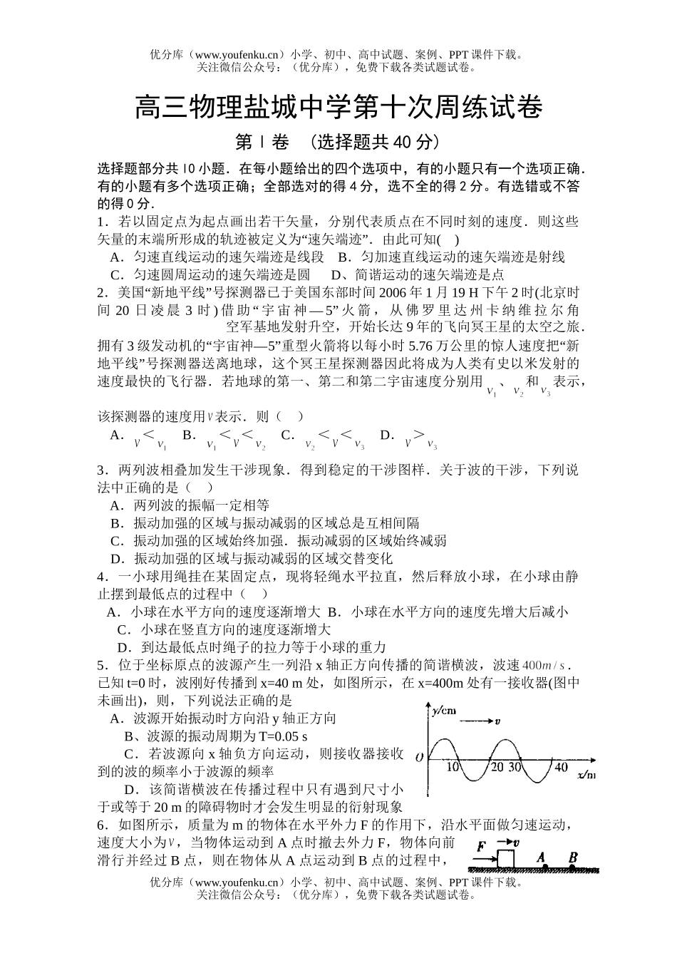 高中三年级物理盐城中学第十次周练试卷_第1页