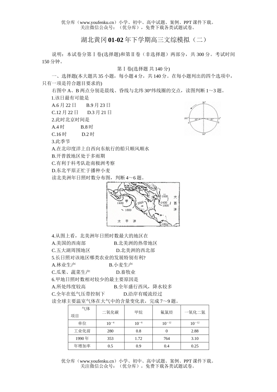 高中三年级地理湖北黄冈下学期文综模拟(二)试卷_第1页