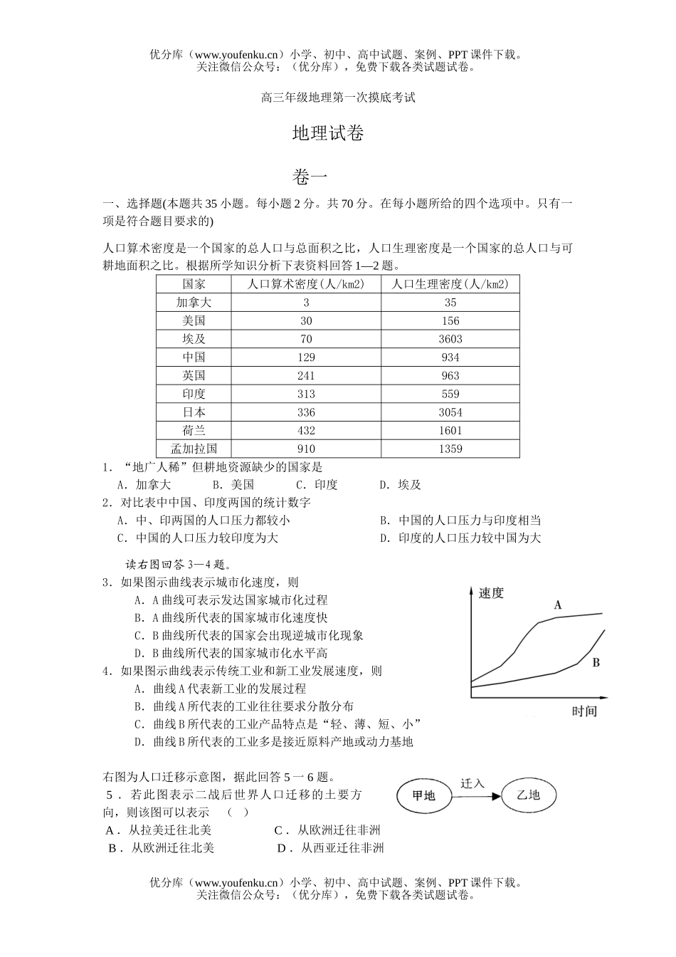 高中三年级地理高第一次摸底考试卷_第1页