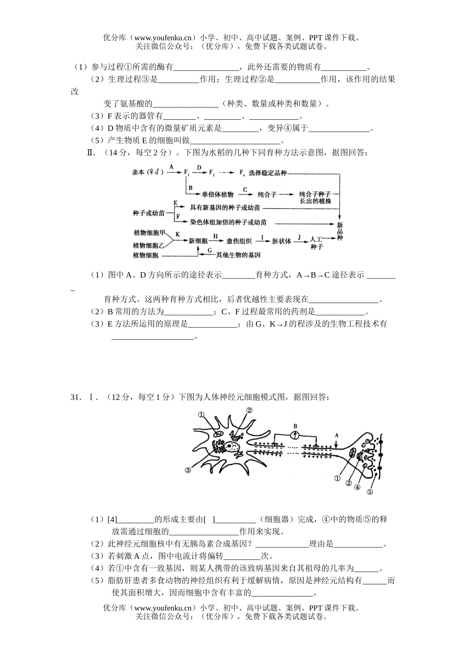 高中三年级生物2006届高考理科综合(部分)模拟解析样本20试卷_第1页