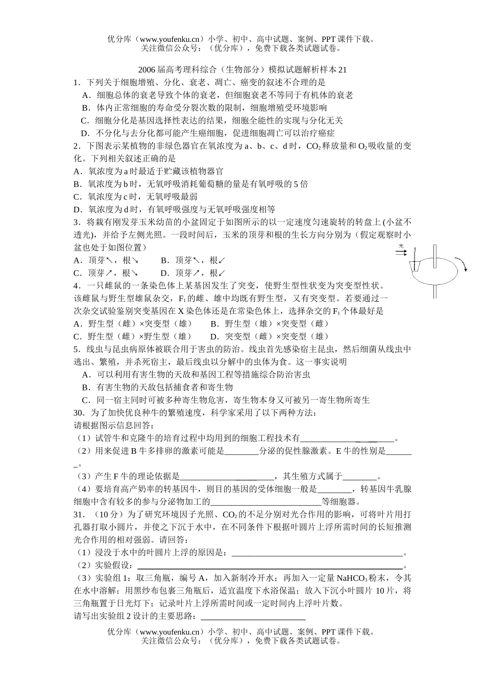 高中三年级生物2006届高考理科综合(部分)模拟解析样本21试卷_第1页