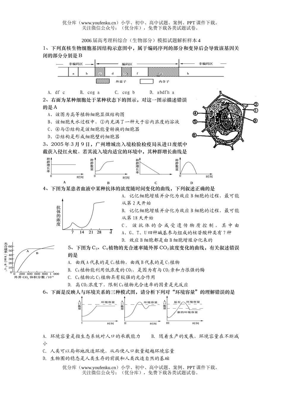 高中三年级生物2006届高考理科综合(部分)模拟解析样本4试卷_第1页