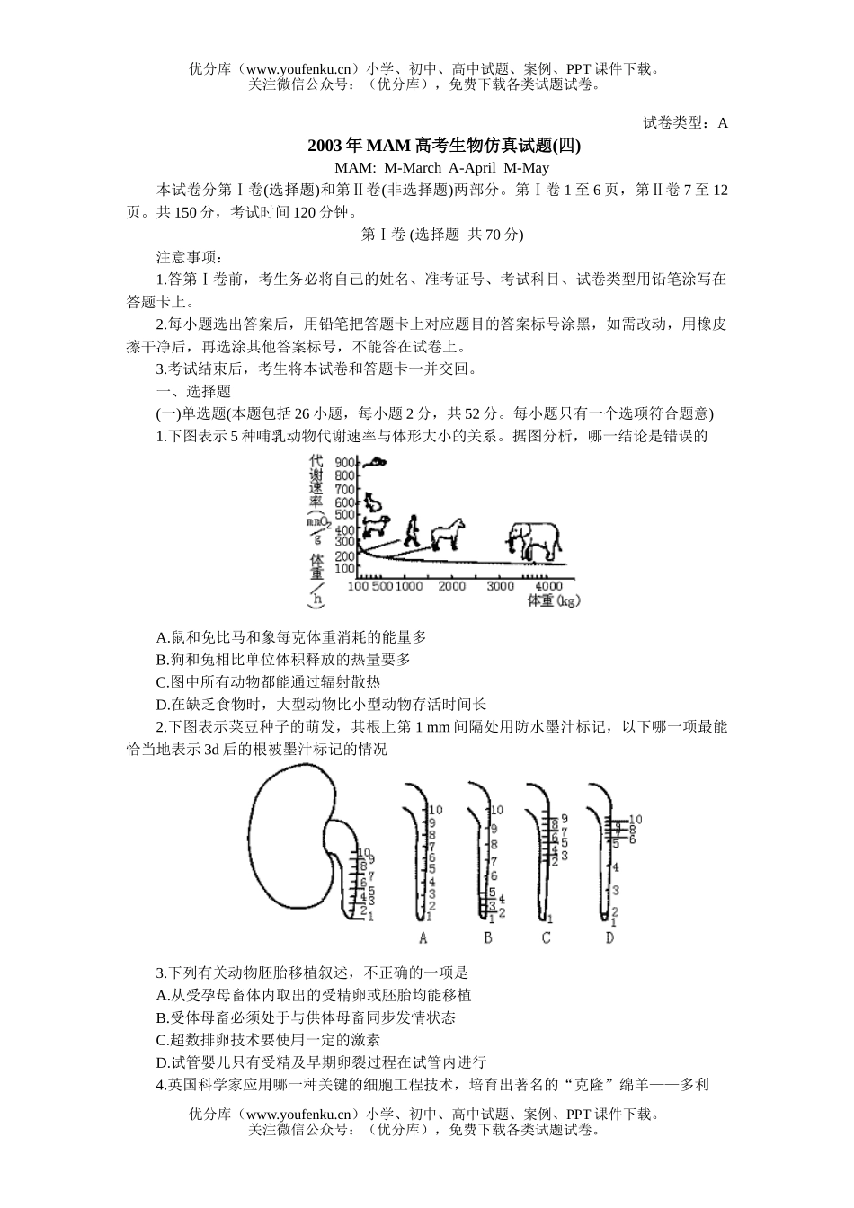 高中三年级生物MAM高考仿真(四)试卷_第1页