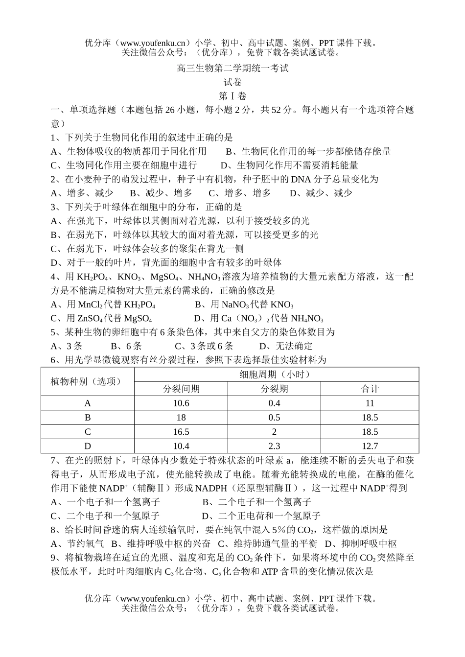 高中三年级生物第二学期统一考试卷_第1页