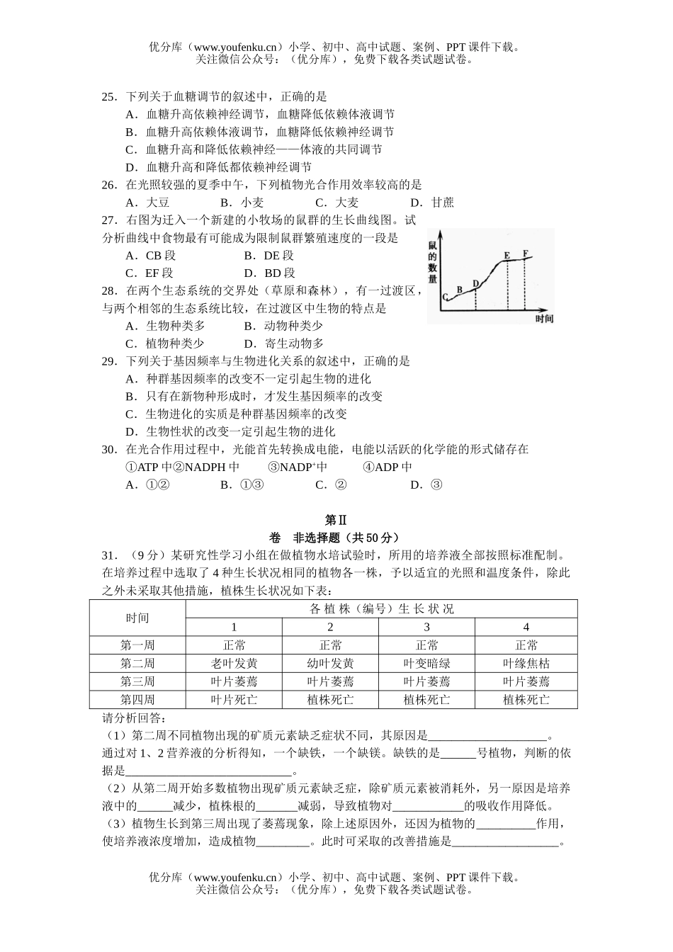 高中三年级生物抽样测试卷_第3页