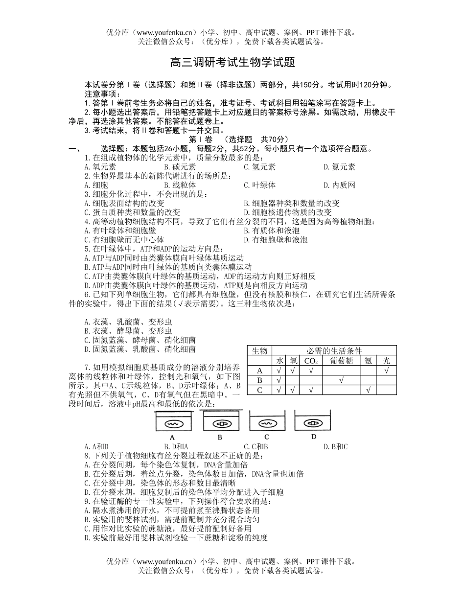 高中三年级生物调研考试学试卷_第1页