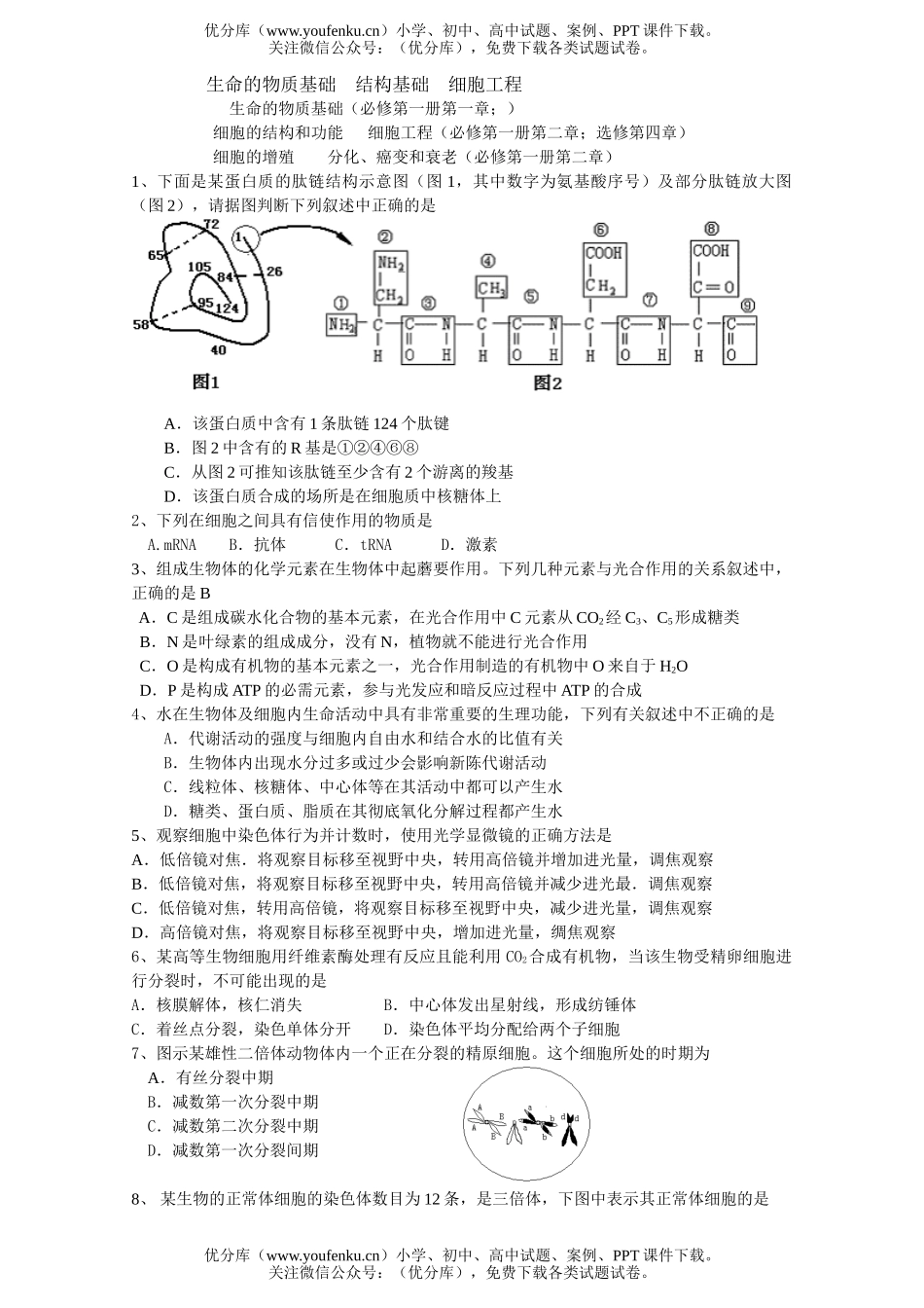 高中三年级生物生命的物质基础  结构基础  细胞工程试卷_第1页