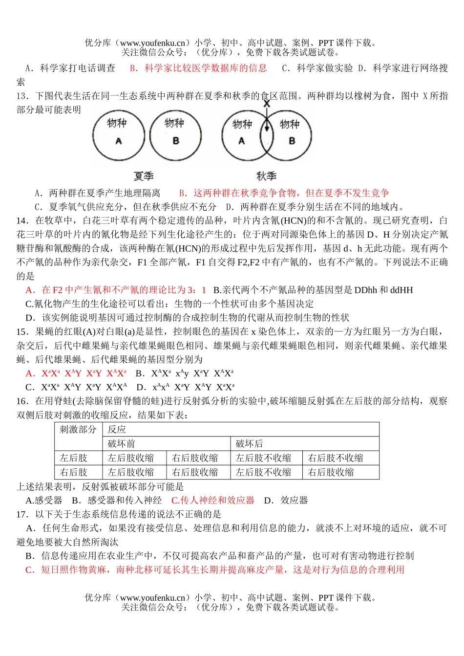 高中三年级生物高考专题三强化训练试卷_第3页