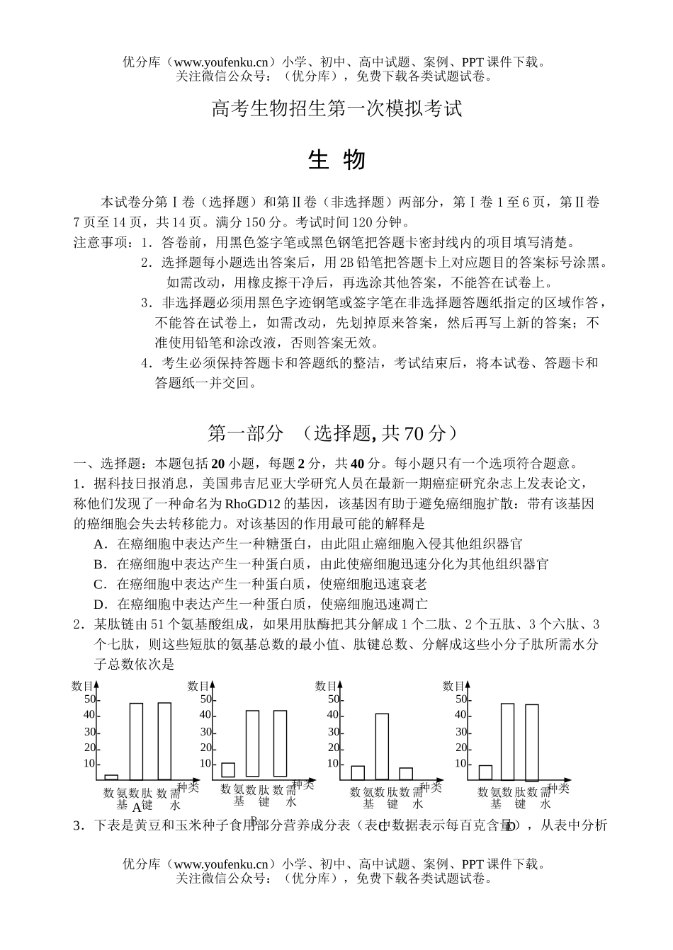 高中三年级生物高考招生第一次模拟考试卷_第1页