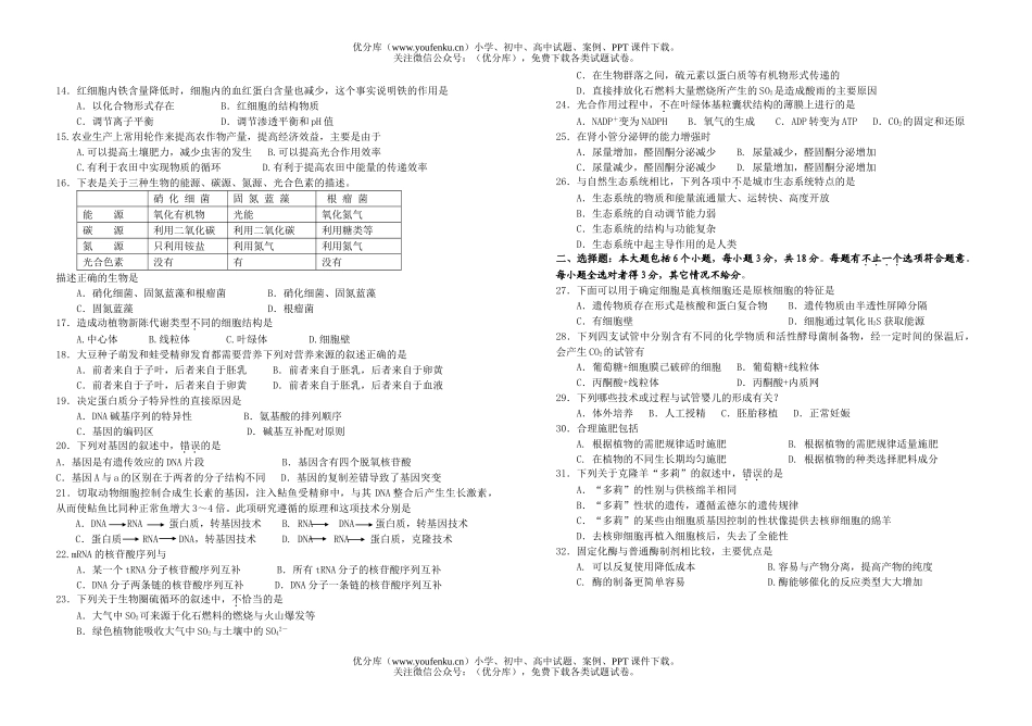 高中三年级生物基础知识综合测试卷_第2页