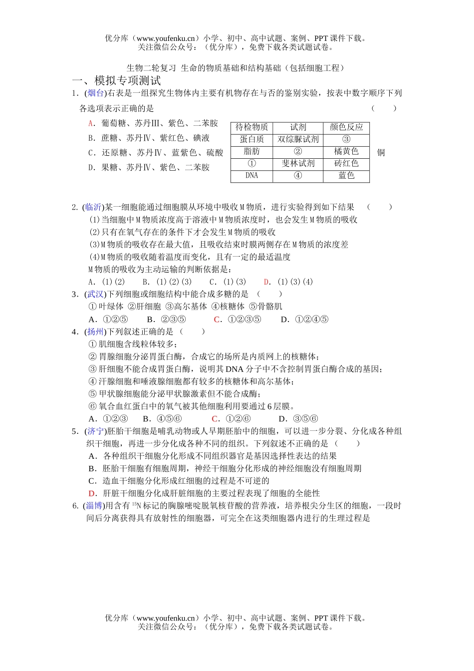 高中三年级生物高考生命的物质基础测试卷_第1页