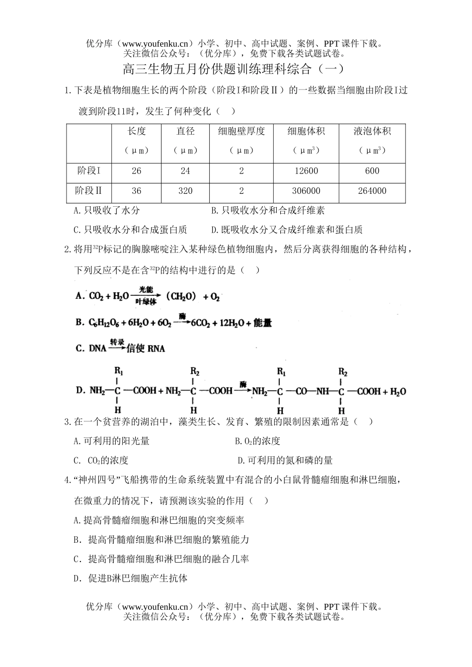 高中三年级生物五月份供题训练理科综合(一)试卷_第1页