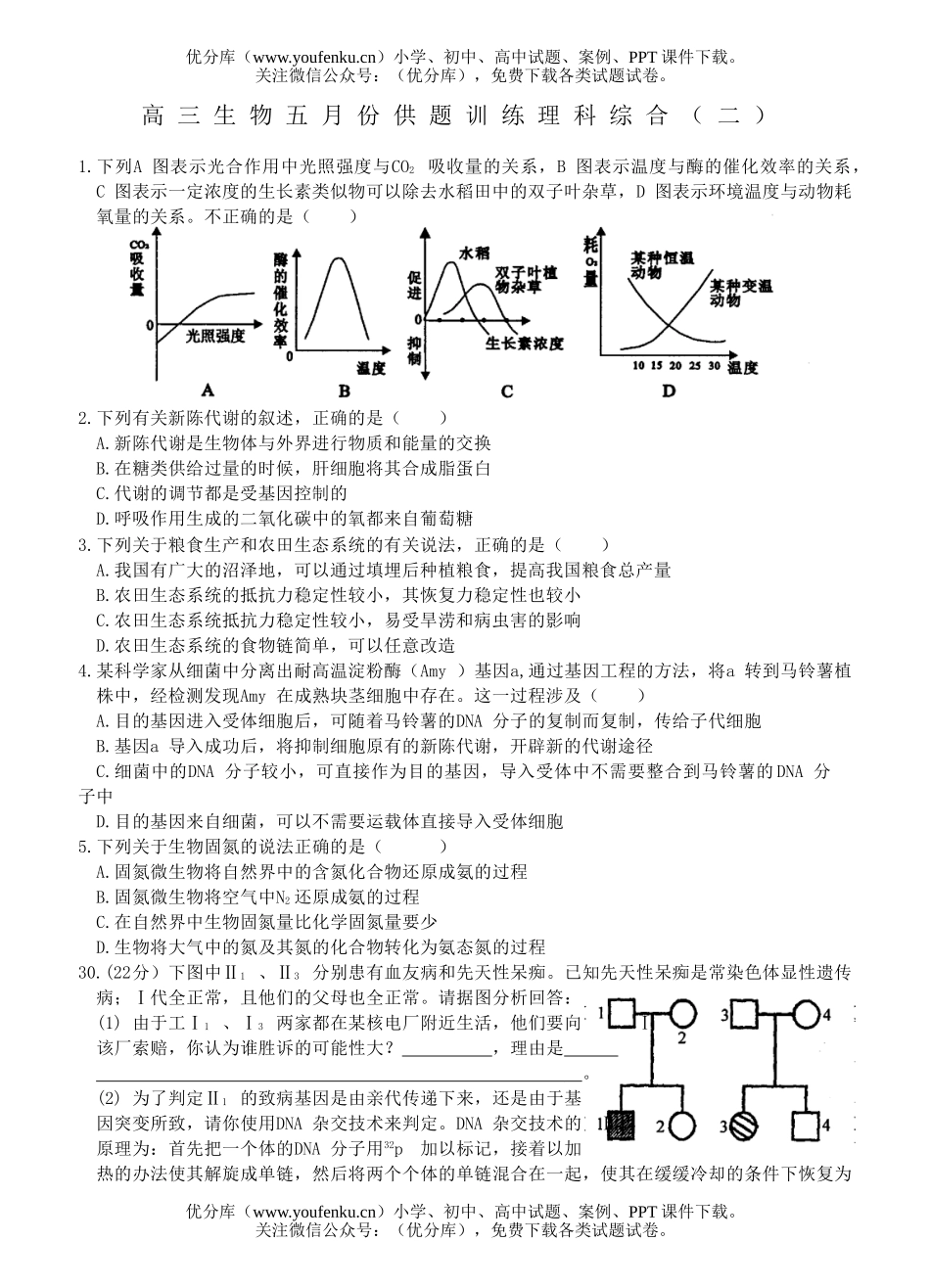 高中三年级生物五月份供题训练理科综合(二)试卷_第1页
