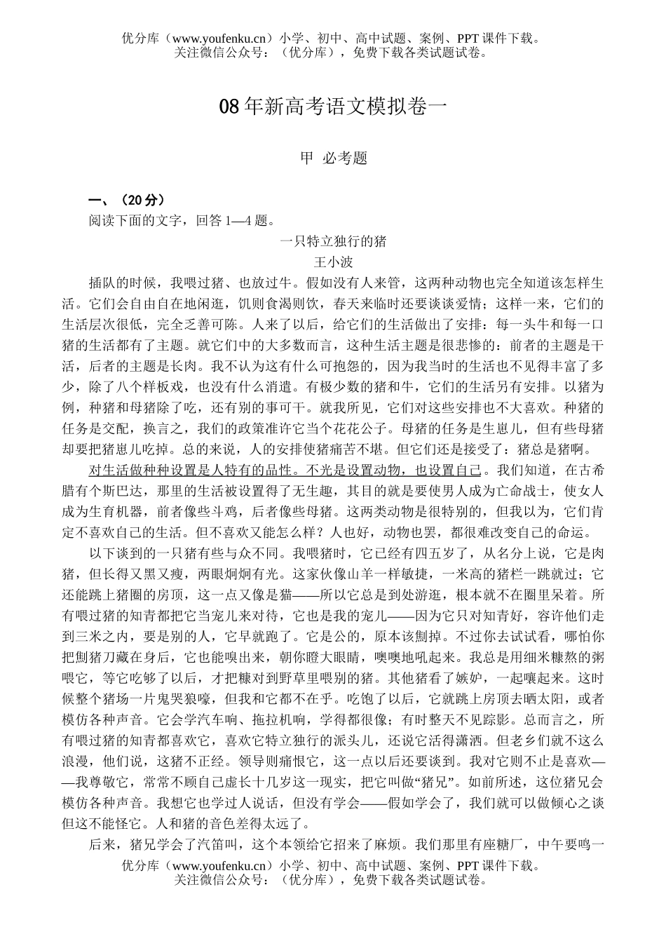 高考语文08年新高考模拟卷一试卷_第1页