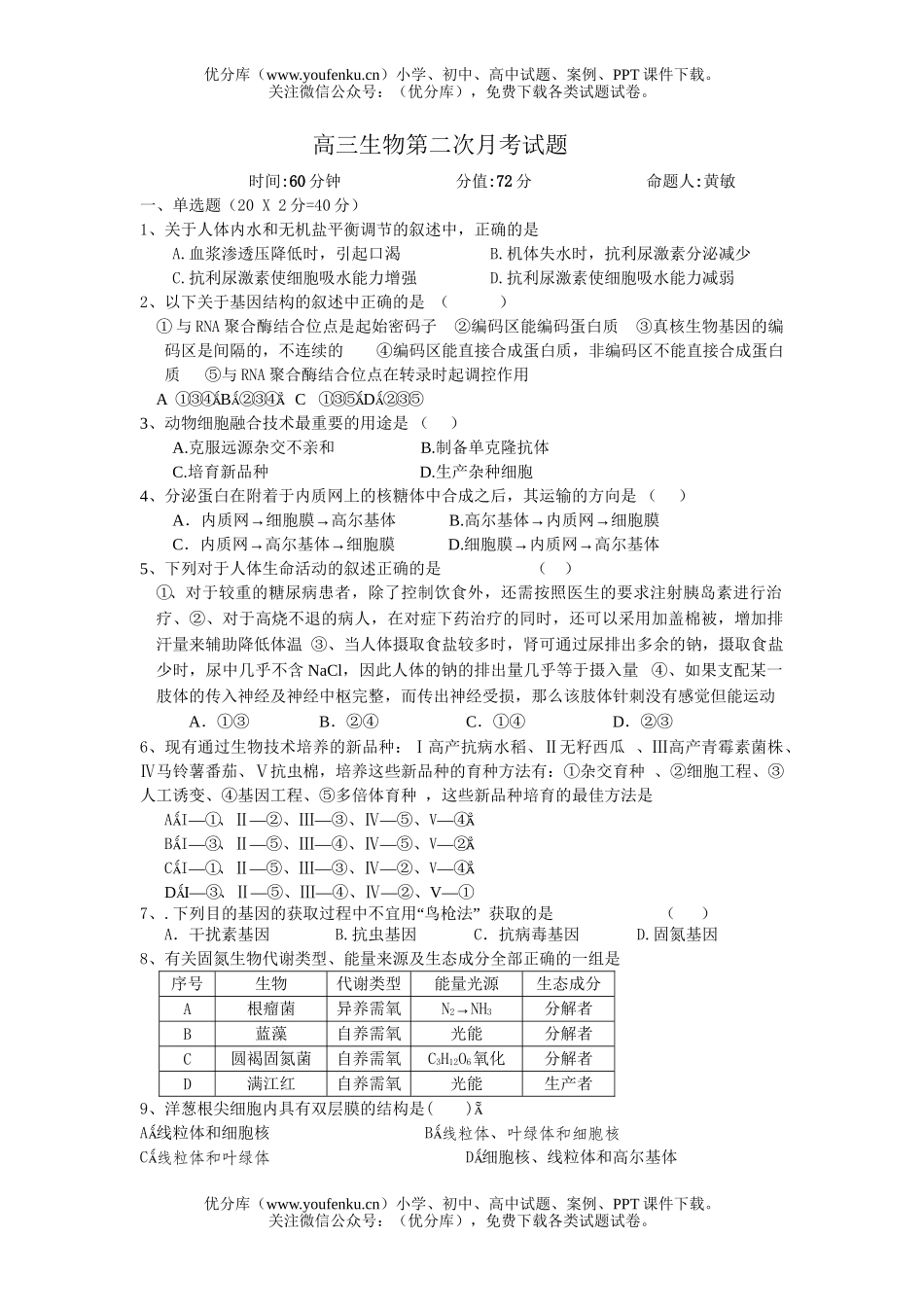 高中三年级生物第二次月考1试卷_第1页