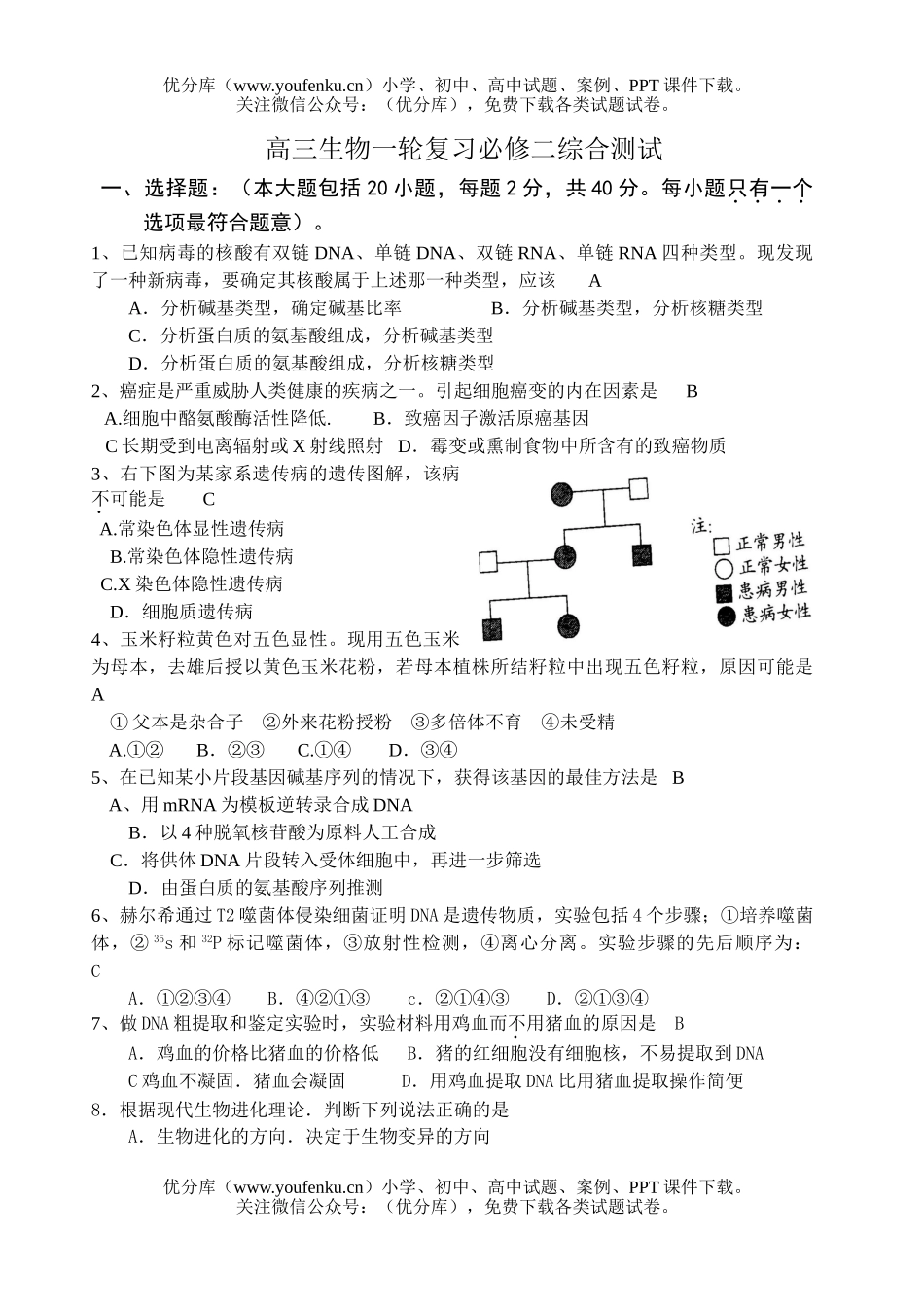 高中三年级生物一轮复习必修二综合测试卷_第1页