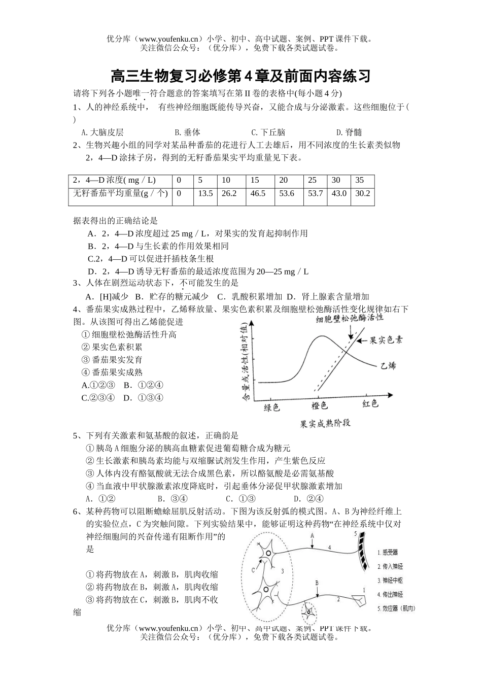 高中三年级生物复习必修第4章及前面内容练习试卷_第1页