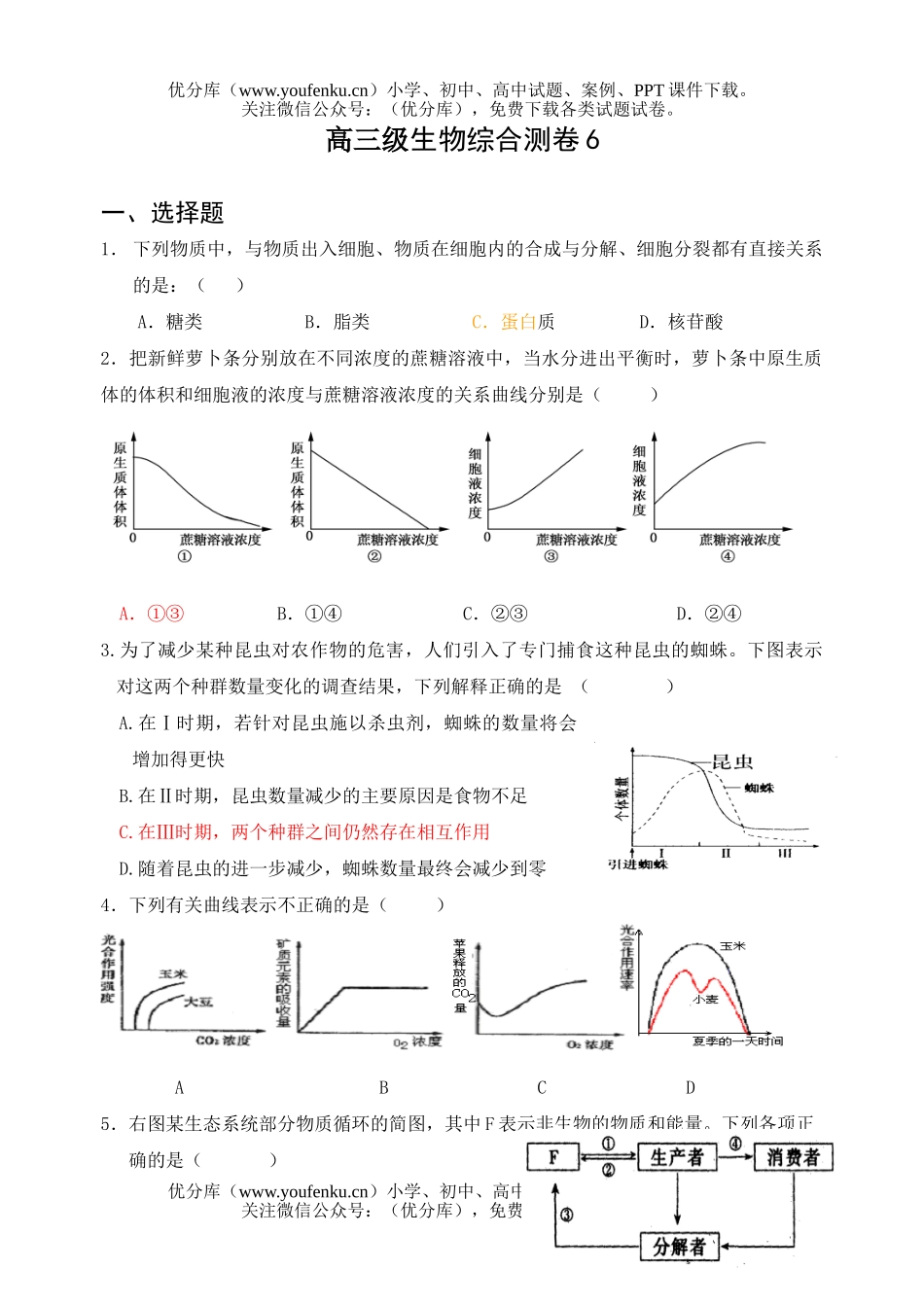 高中三年级生物级综合测卷6试卷_第1页