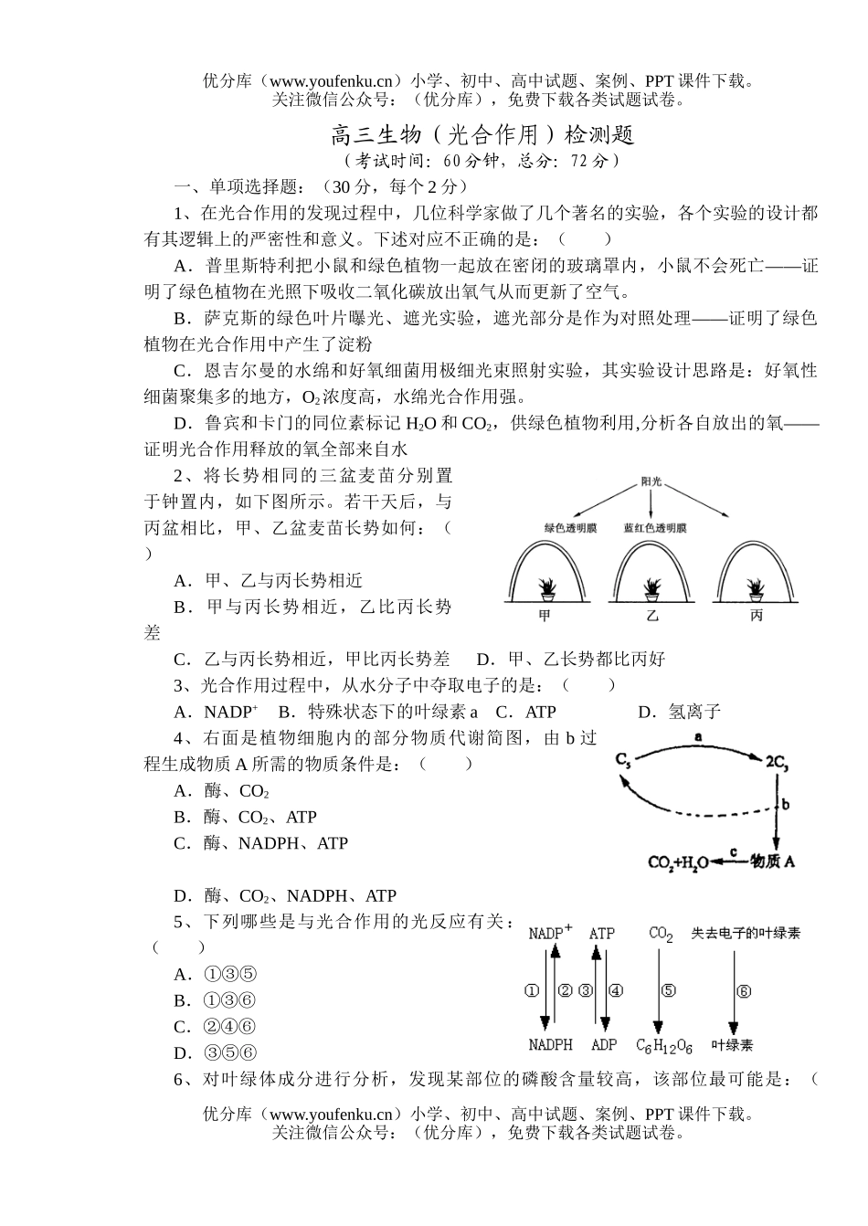 高中三年级生物光合作用检测题试卷_第1页