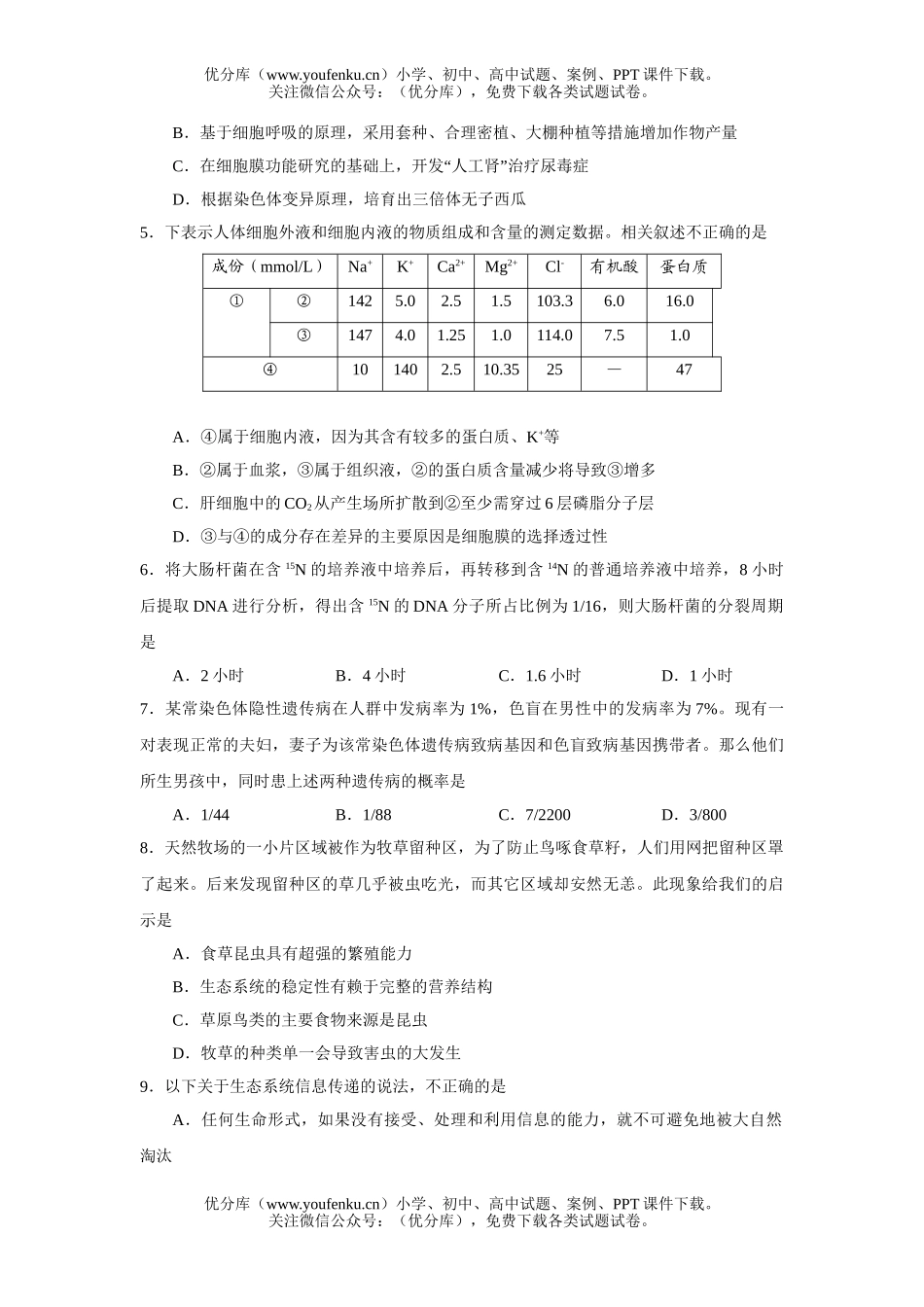 高中三年级生物教学质量检测试卷_第2页