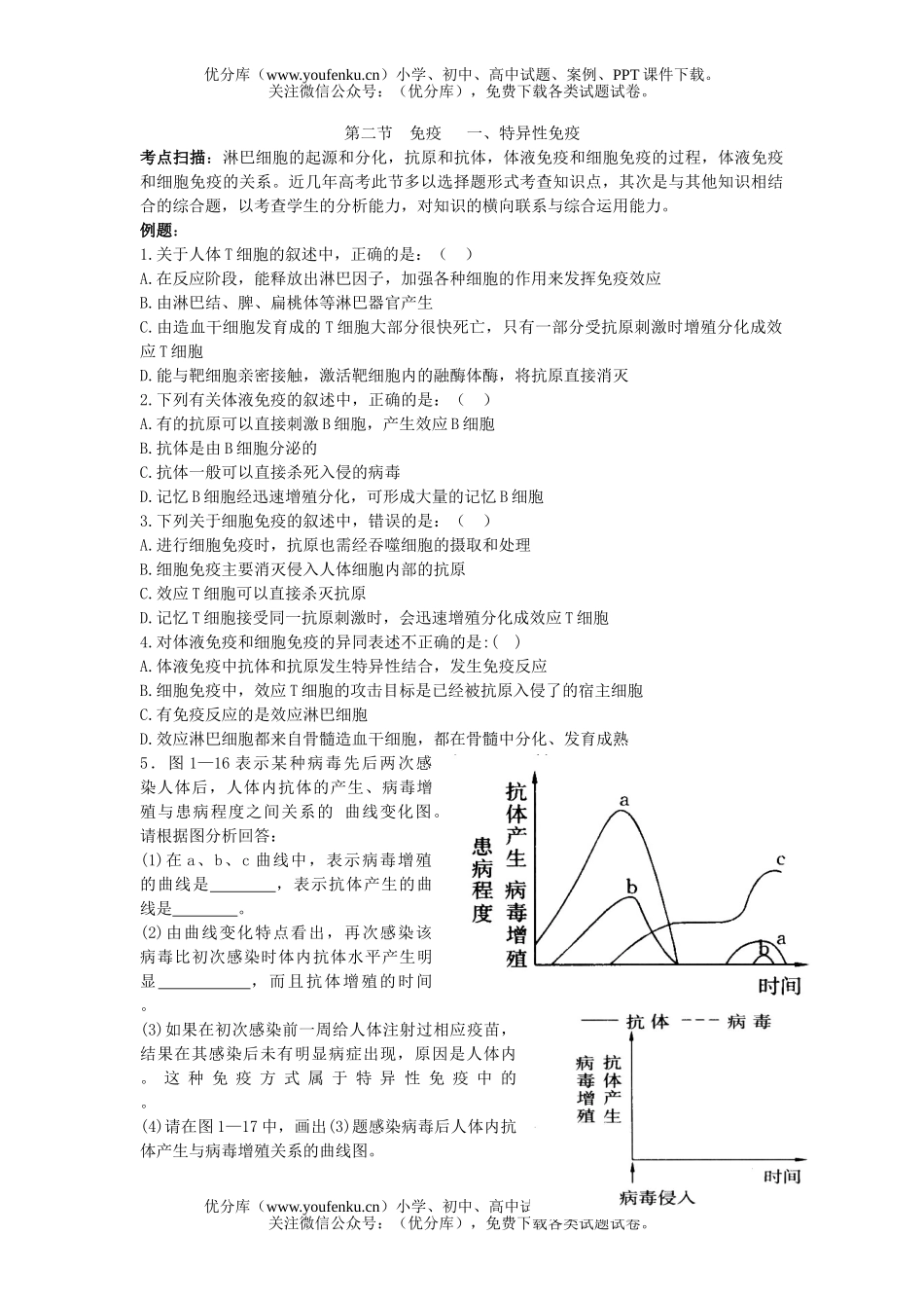 高中三年级生物免疫复习题试卷_第1页