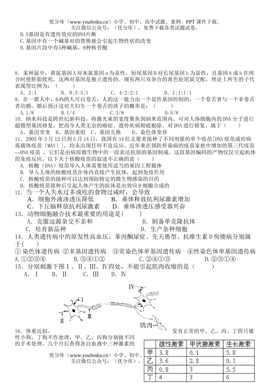 高中三年级生物第一学期期中考试卷_第2页