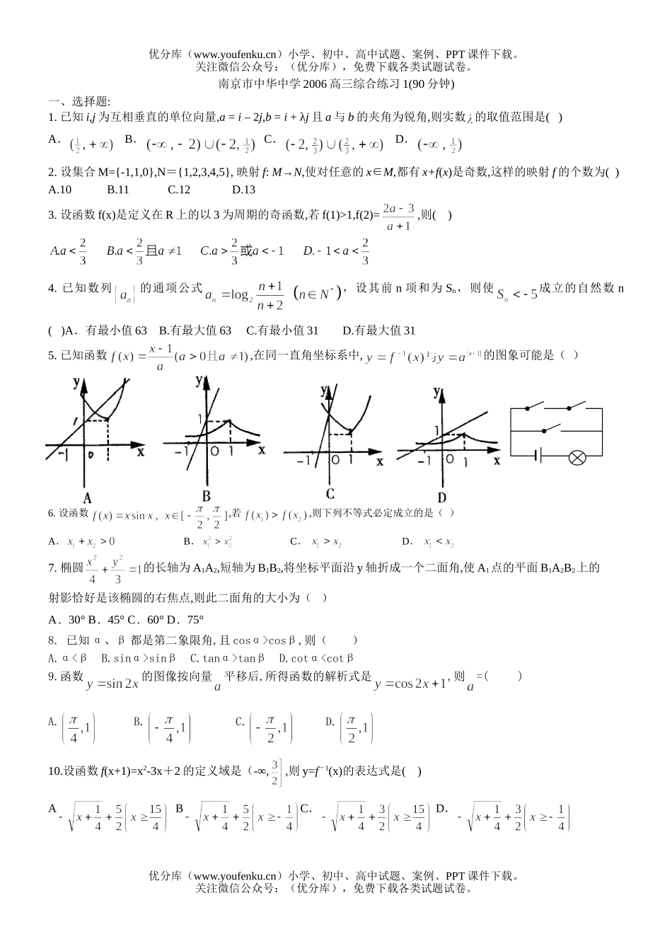 高考数学高考南京市中华中学二轮综合练习试卷_第1页