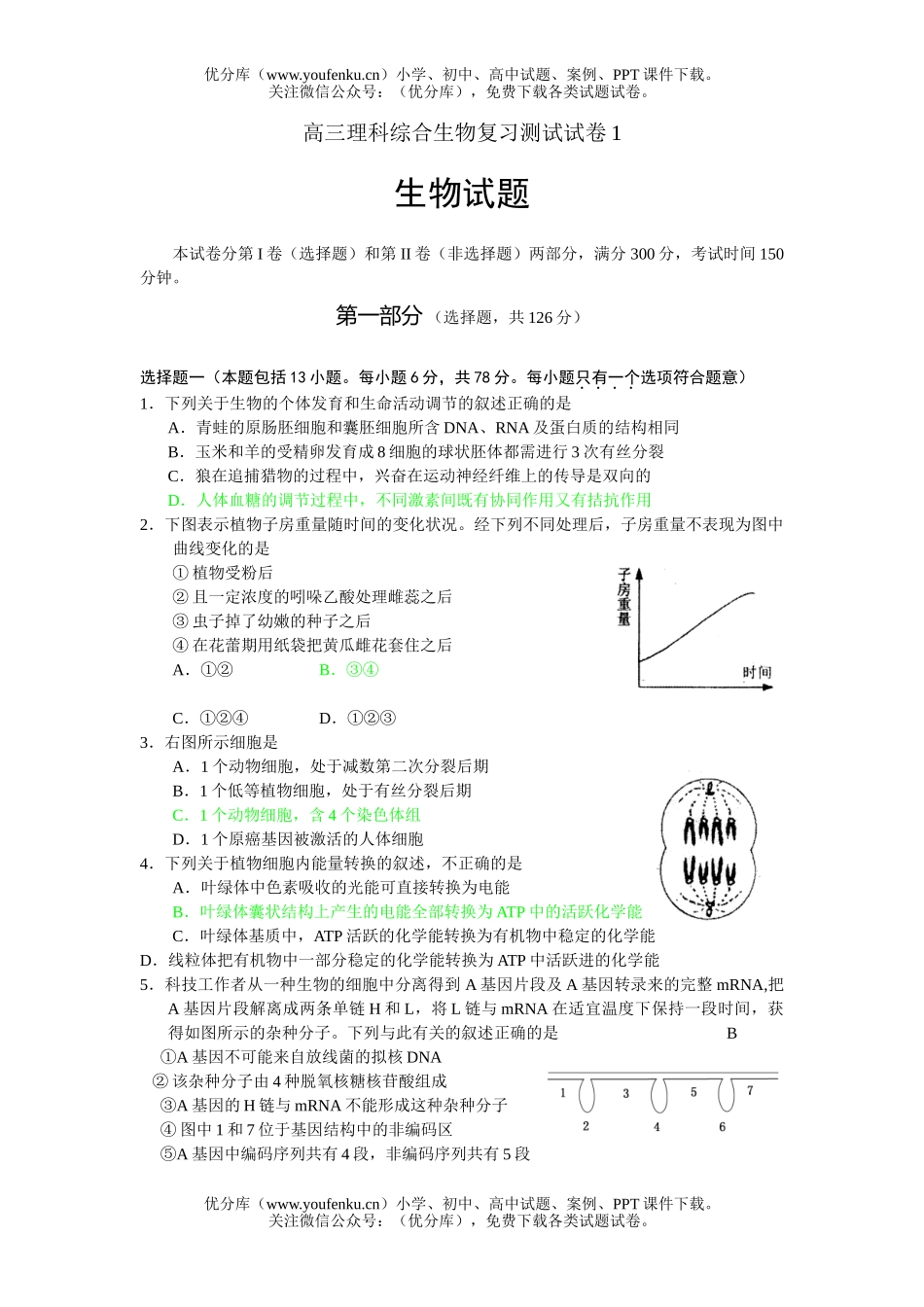 高中三年级生物理科综合复习测试卷_第1页