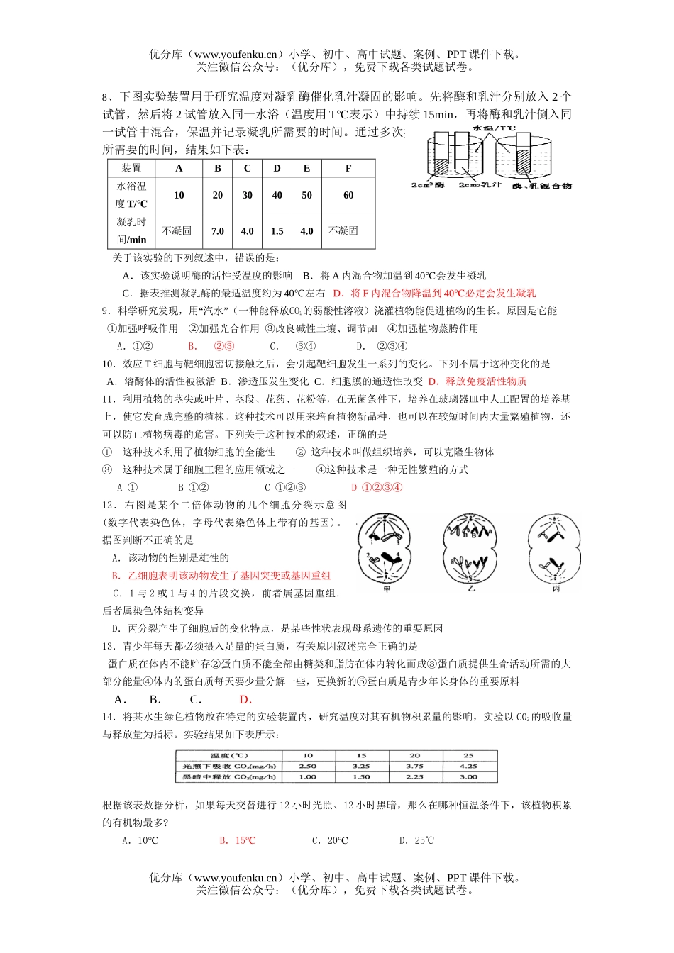 高中三年级生物上学期11月测试卷_第2页