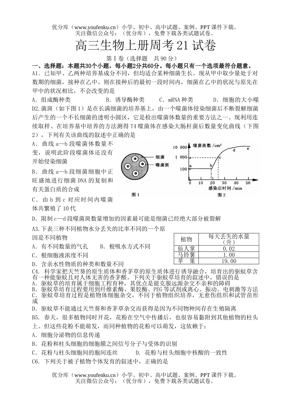 高中三年级生物上册周考21试卷_第1页