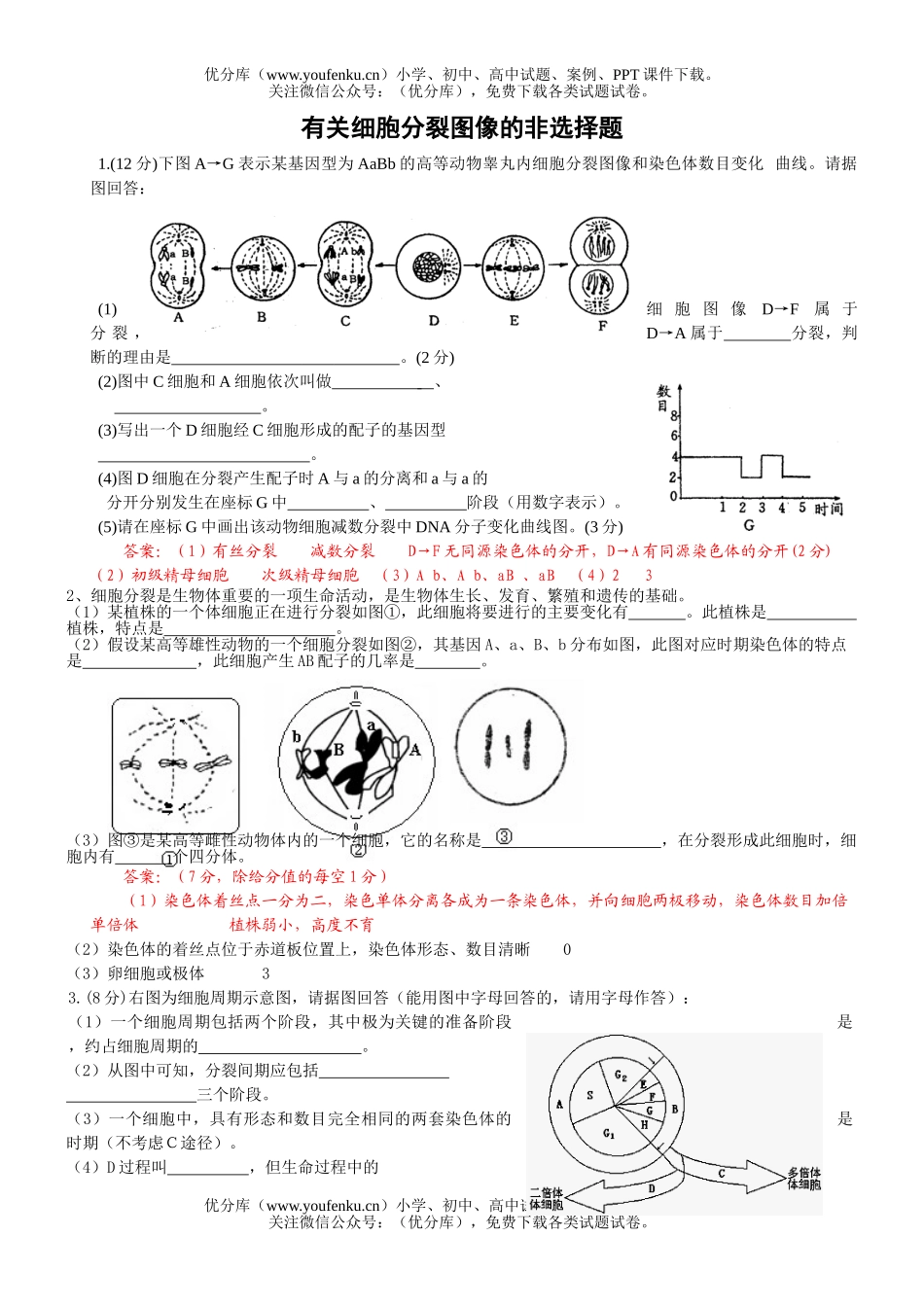高中三年级生物有关细胞分裂图像的非选择题试卷_第1页