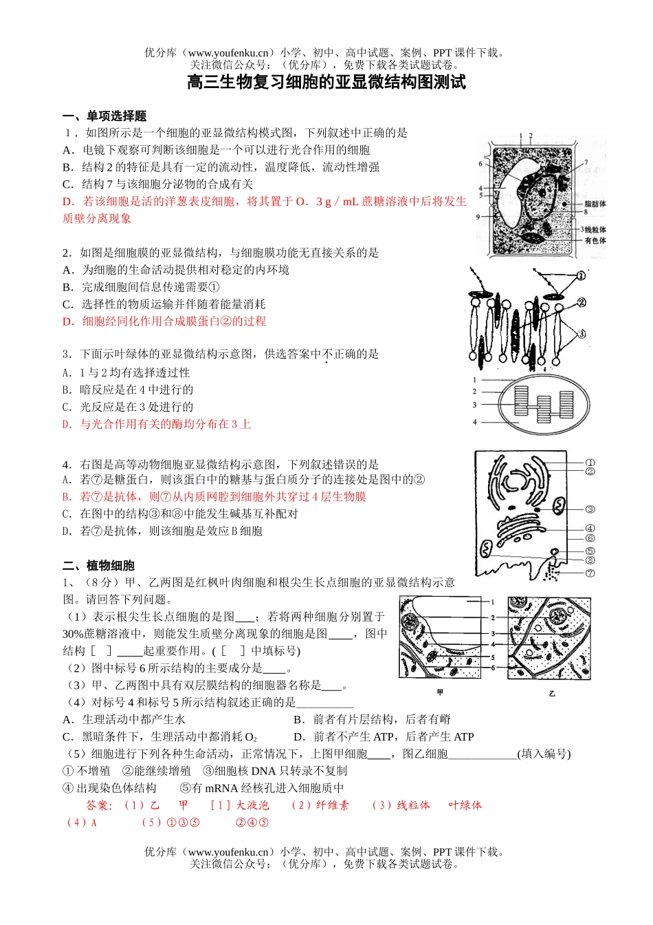 高中三年级生物复习细胞的亚显微结构图测试卷_第1页