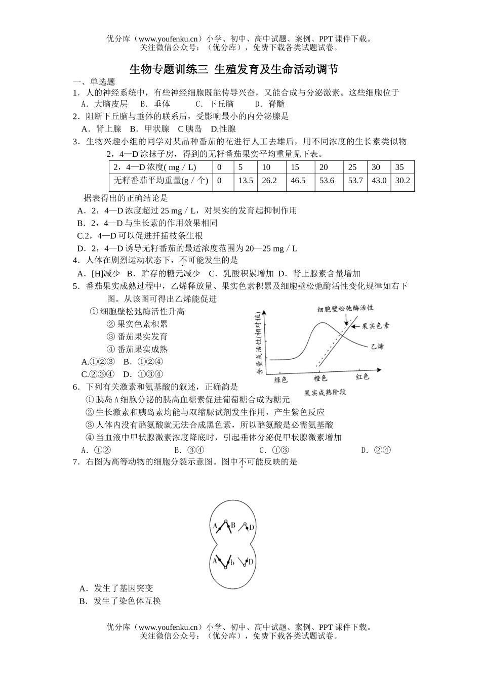 高中三年级生物生殖发育及生命活动调节测试卷_第1页