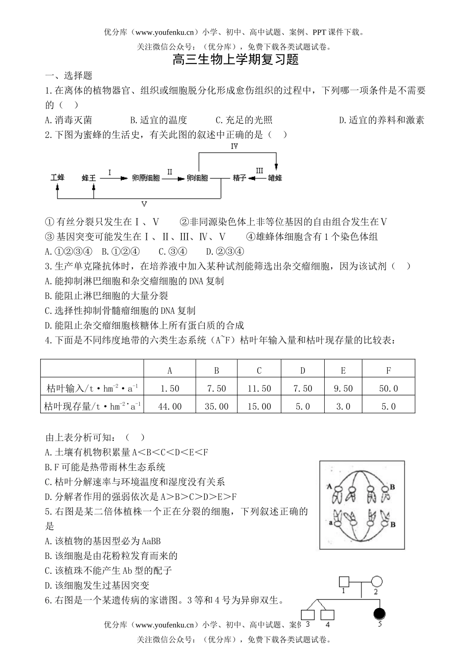 高中三年级生物上学期复习题试卷_第1页