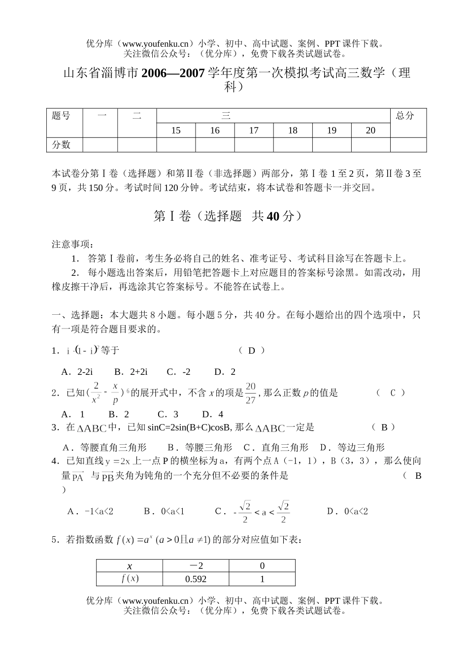 高考数学高考山东省淄博市2006—2007学年度第一次模拟考试(理科)试卷_第1页