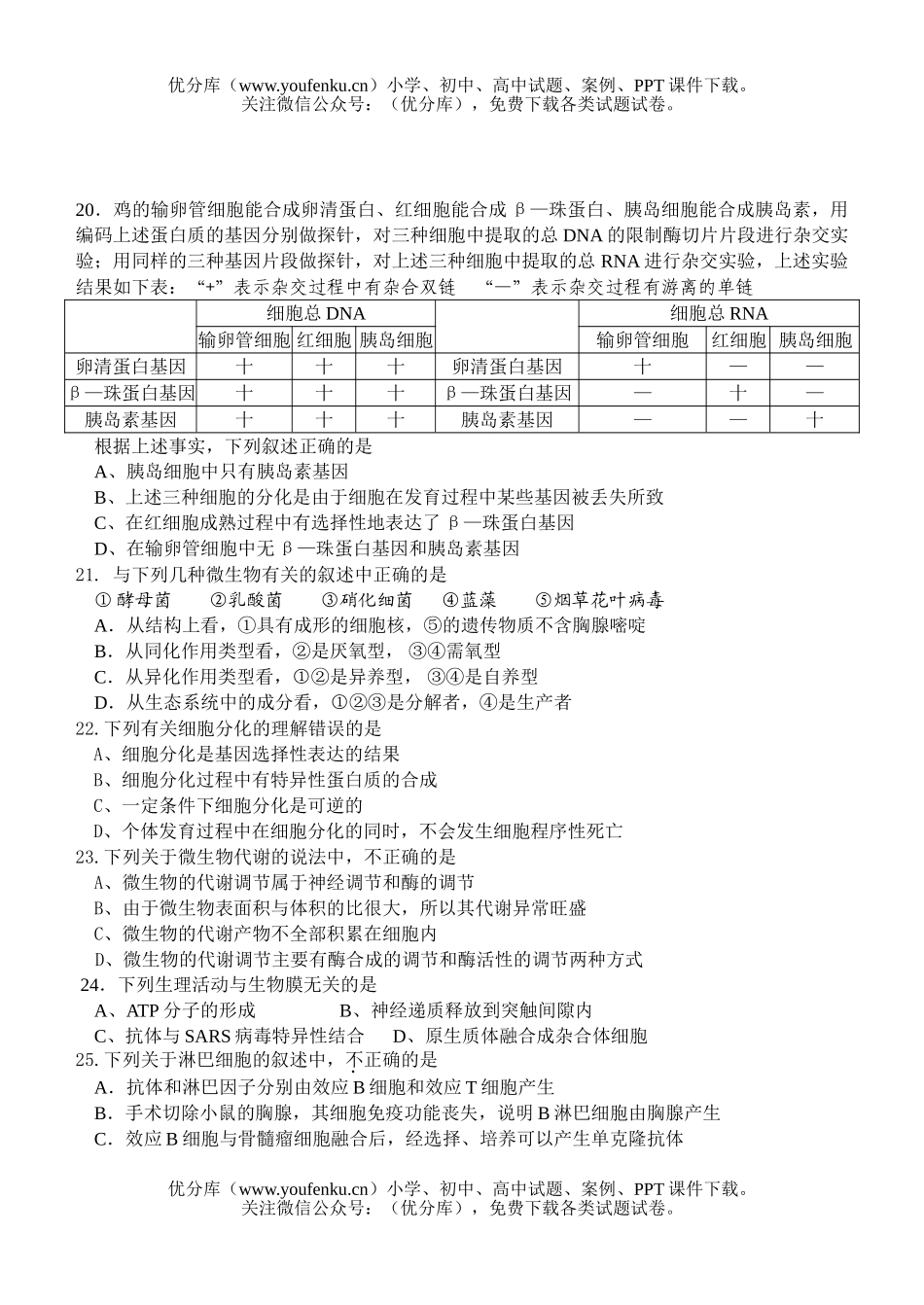 高中三年级生物选择题训练1试卷_第3页