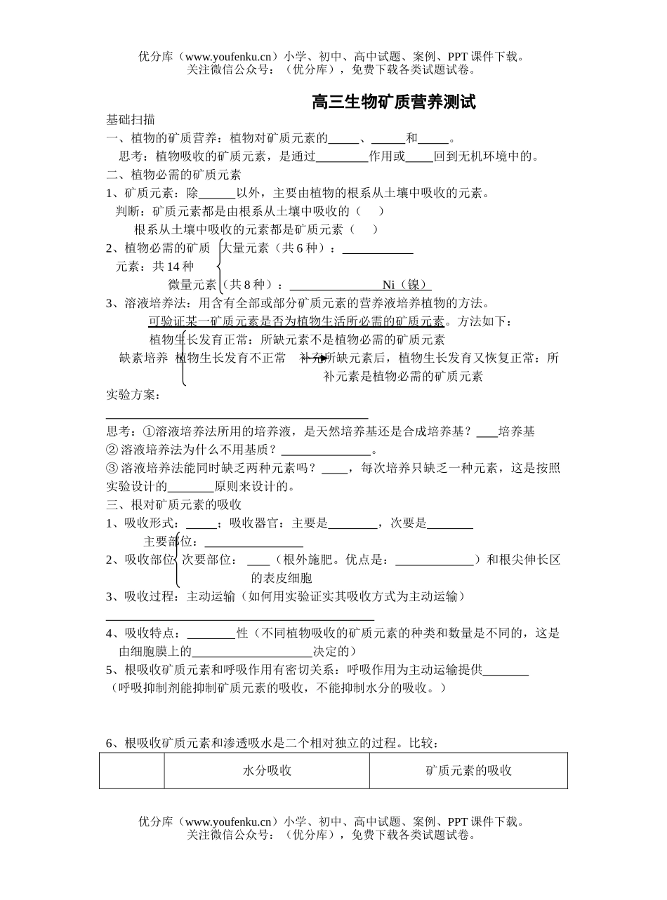 高中三年级生物矿质营养测试卷_第1页