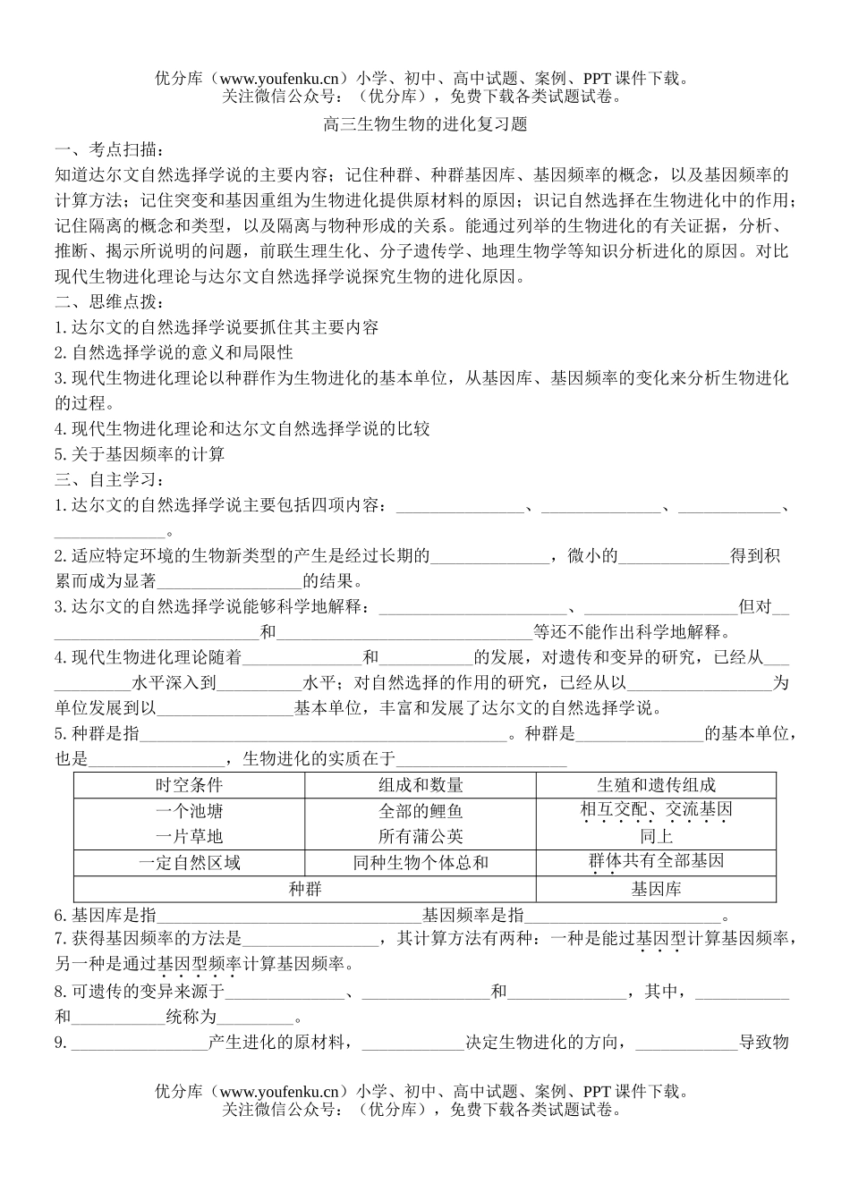 高中三年级生物的进化复习题试卷_第1页