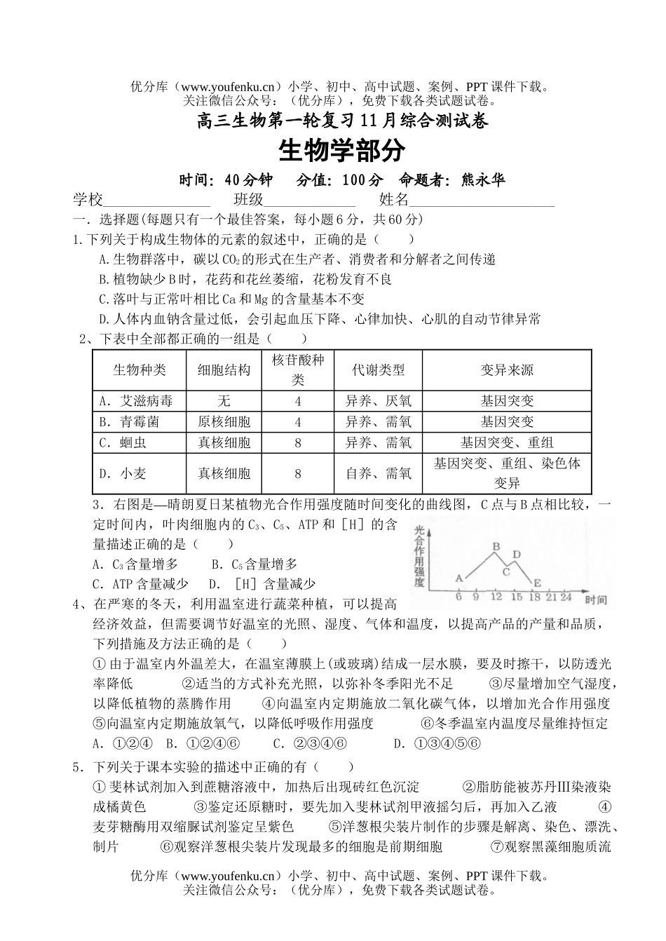 高中三年级生物第一轮复习11月综合测试卷_第1页