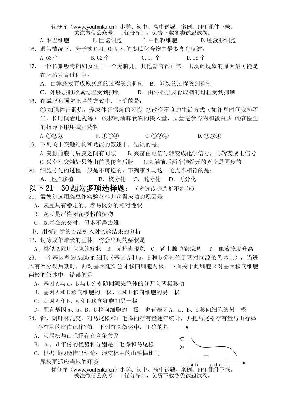 高中三年级生物级第四次统一测试卷_第3页