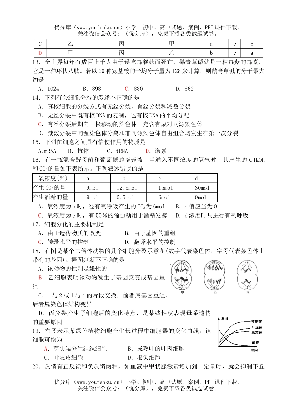 高中三年级生物第一学期第三次质量检测试卷_第3页