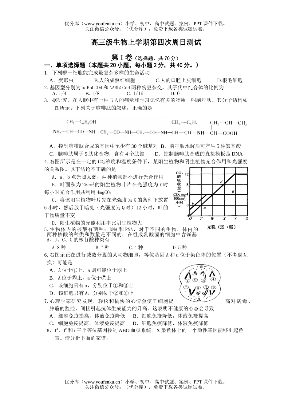 高中三年级生物级上学期第四次周日测试卷_第1页