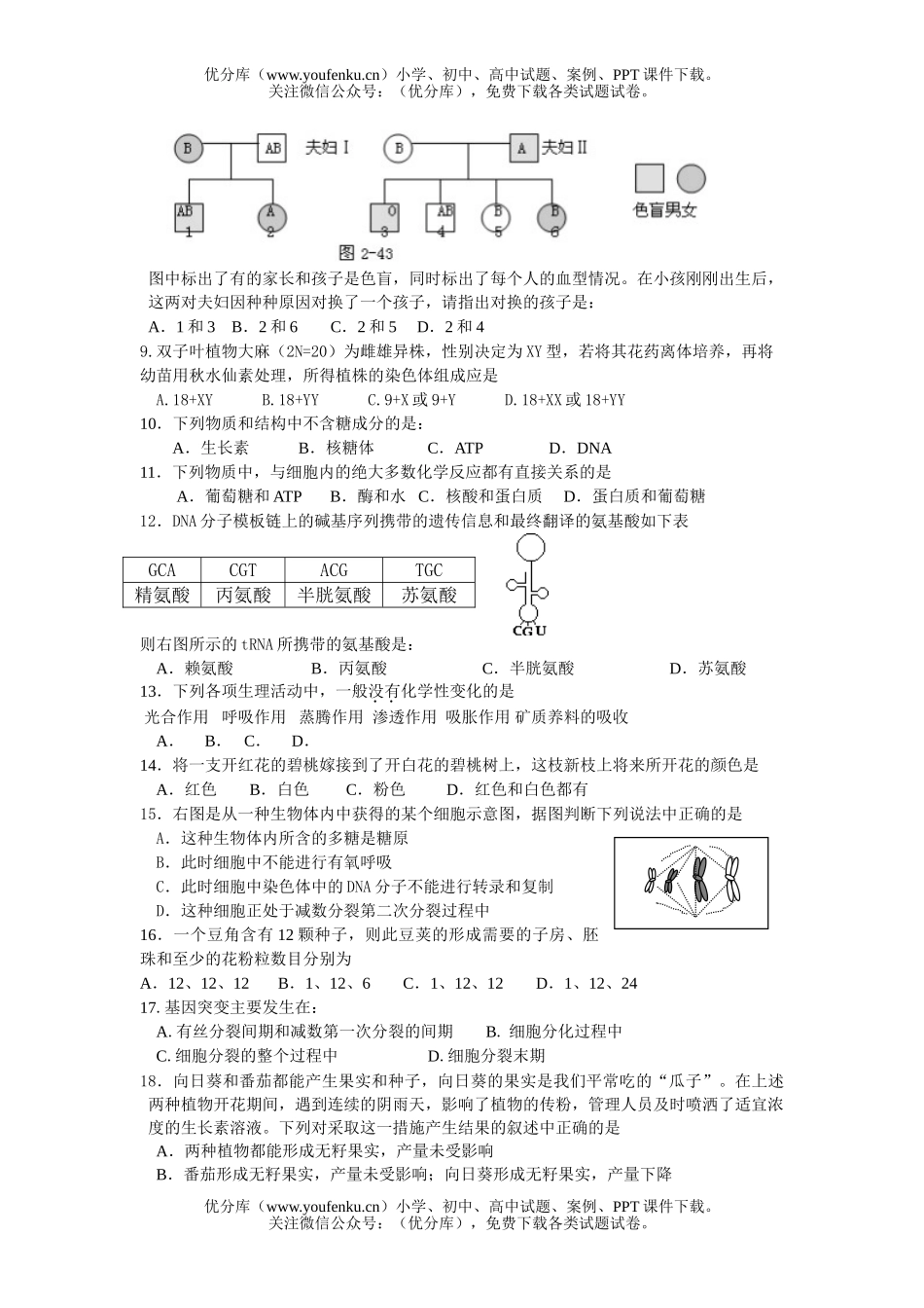 高中三年级生物级上学期第四次周日测试卷_第2页