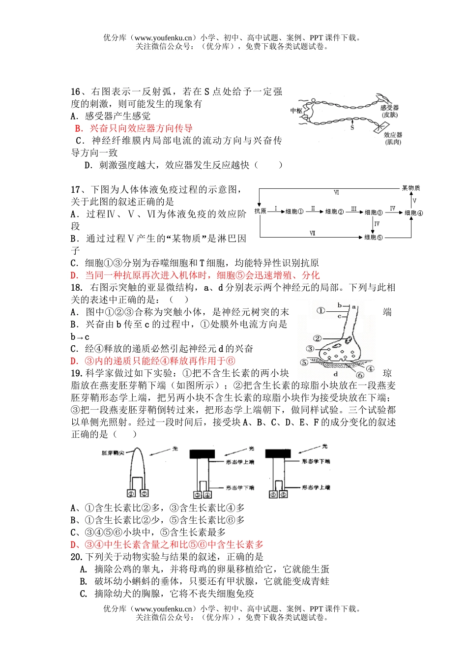 高中三年级生物生命活动的调节和生殖测试2试卷_第3页