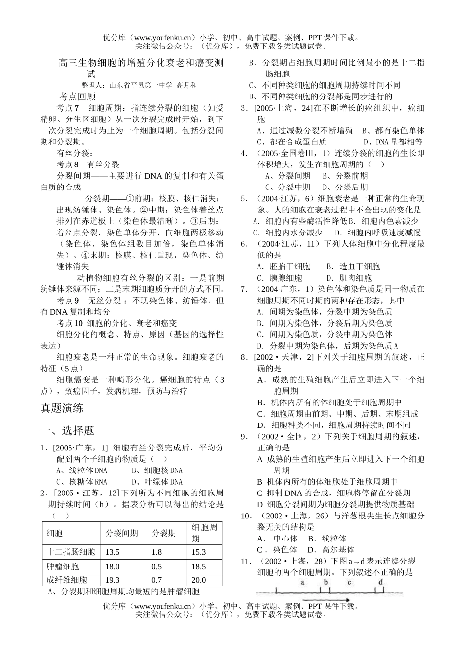 高中三年级生物细胞的增殖分化衰老和癌变测试卷_第1页