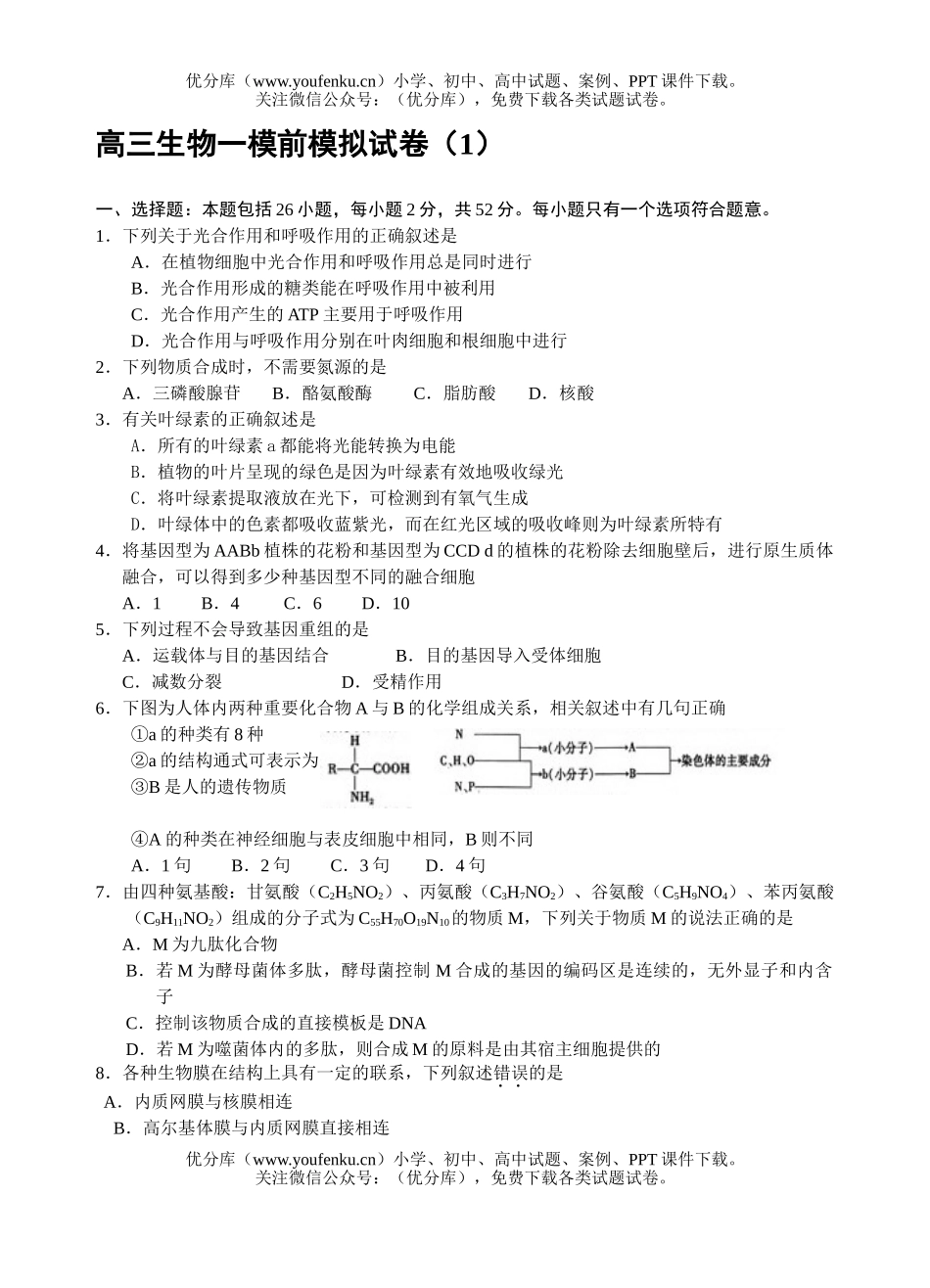 高中三年级生物一模前模拟试卷_第1页