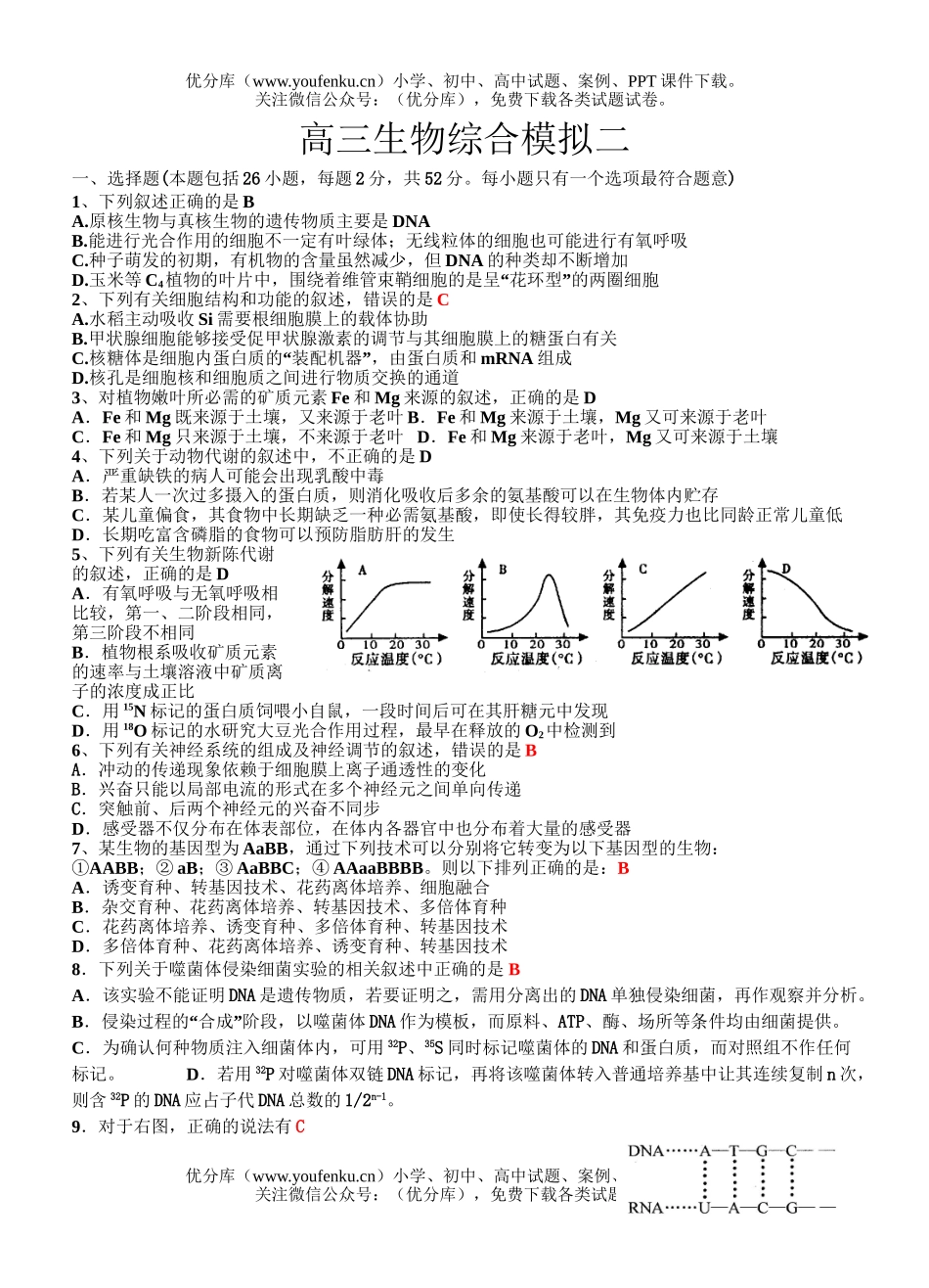 高中三年级生物上学期期末综合测试2试卷_第1页