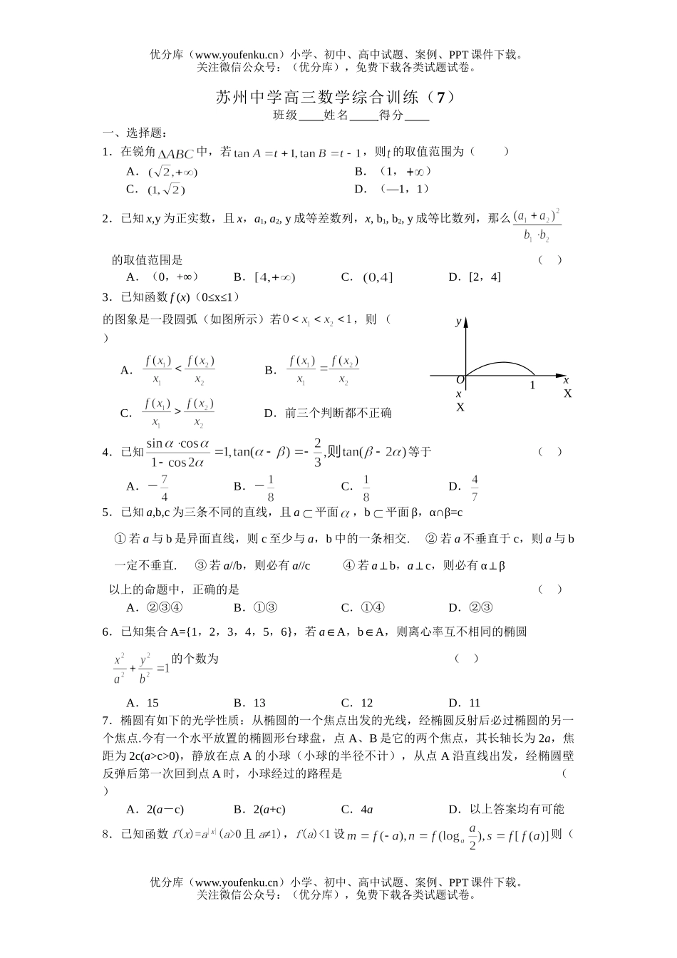 高考数学高考苏州中学综合训练(7)试卷_第1页