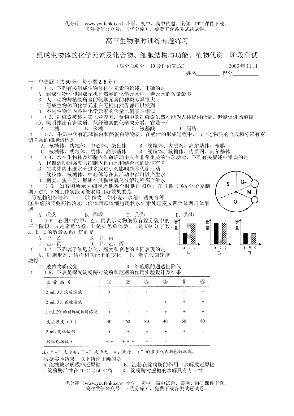 高中三年级生物限时训练专题练习试卷_第1页