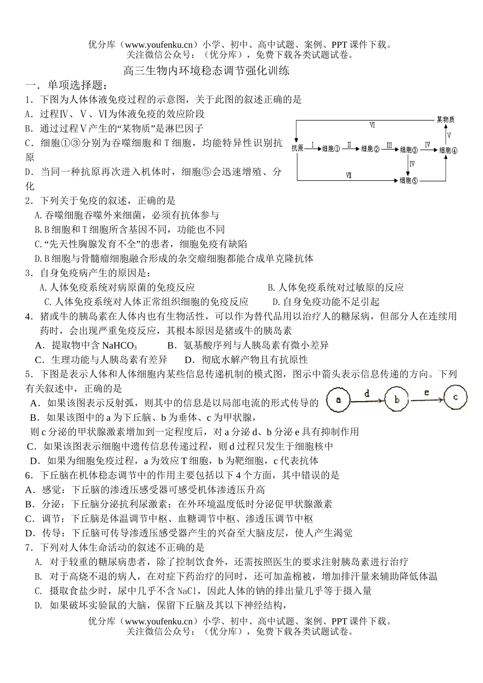高中三年级生物内环境稳态调节强化训练试卷_第1页